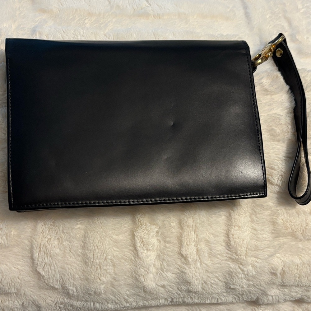 Elegant Black Leather Clutch with Gold Lock Y2K 2000 - Picture 3 of 14